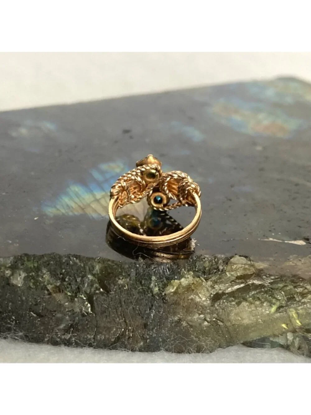 Brass Colored Wire wrapped Blue & Green Rhinestone Baby Ring Size <1